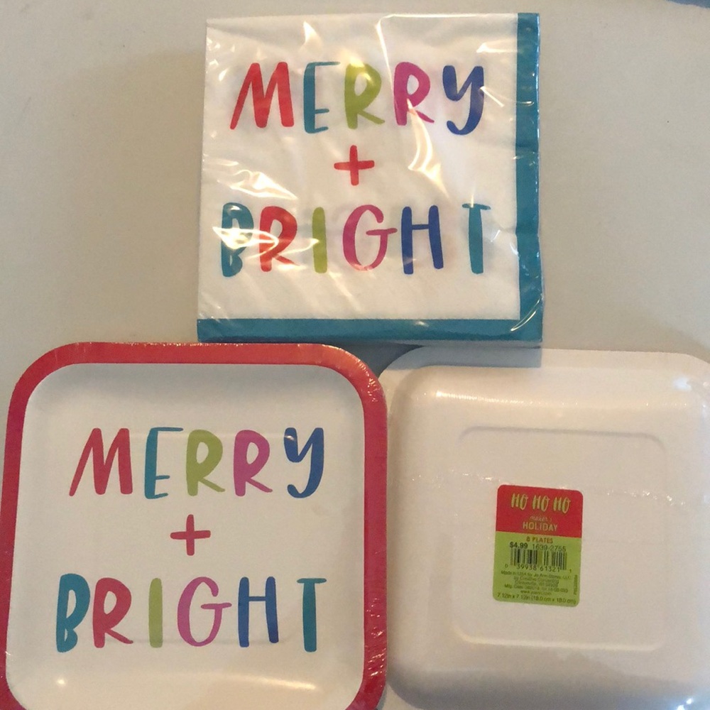 Merry + Bright paper plates and napkins Christmas